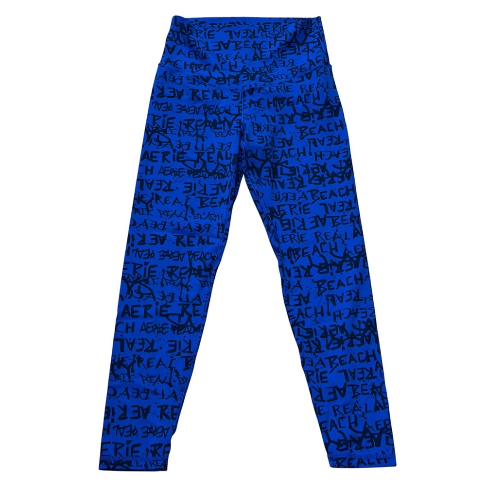 Aerie Real High Waisted Leggings Blue Graffiti Print "Chill Play Move" Size M‎